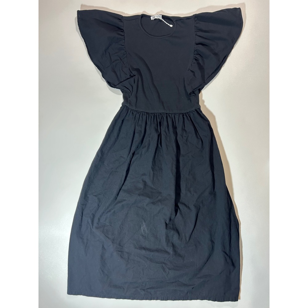 Zara Midi Dress Womens Medium Black Like New Ruffle Flutter Sleeve Mixed Media